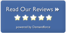 The image is a screenshot of a webpage with a blue background and a star rating of five stars. There s a text overlay that reads  Read our reviews  in white font, followed by a subtitle  Powered by Demandforce.