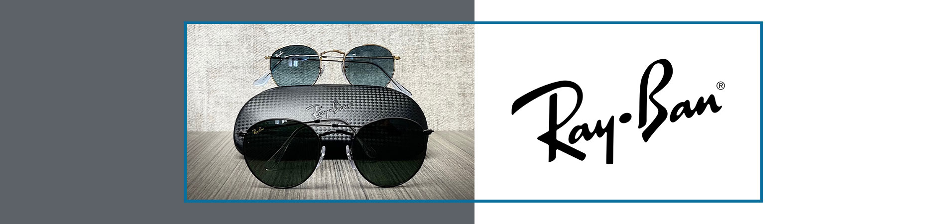 The image features a pair of sunglasses with a distinctive design, placed against a blurred background that includes the Ray-Ban logo, indicating the brand of the eyewear.