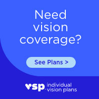 The image is a digital advertisement for an eye care service, featuring text that reads  Need vision coverage  See plans  and includes a call to action with the words  See plans  in white font.