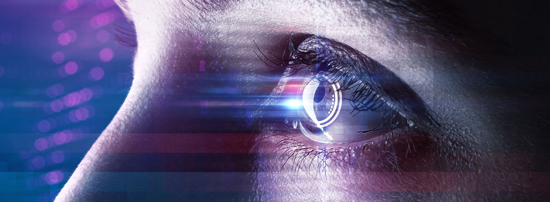 The image features a close-up of a person s eye, which is the focal point, with a digital or futuristic background that includes blue and purple hues.